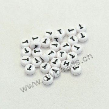Bead mix, acrylic, white with black alphabet T, 7x4mm double-sided flat round with 1.2mm drill hole. Sold per pkg of 100ps