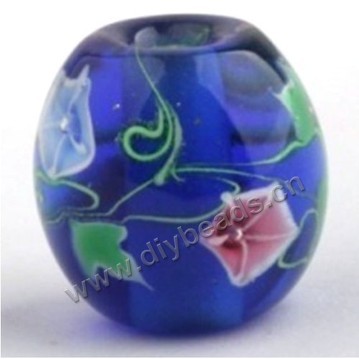 Bead, lampworked glass,blue with flower, 20x20mm round.mini order 50pc 