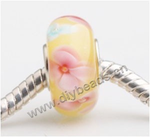 Bead, big-hole beads,	Lampworked glass and silver-plated brass grommet,yellow with flower, 14x7mm rondelle with 4.5 mm hole,sold per pkg of 50ps