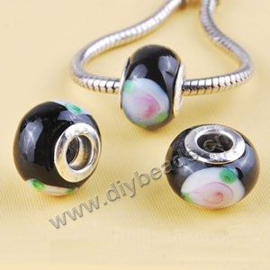 Bead,big-hole beads ,lampworked glass with silver-finished brass ,black/white/pink/green,10x14mm rondelle with flower,5mm hole,sold per pkg of 10ps