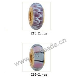 Bead,big-hole beads ,lampworked glass with brass grommets,mixed colors and designs,6x12mm-8x14mm rondelle ,4mm spiral hole,sold per pkg of 10ps