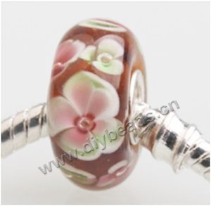 Bead, big-hole beads,Lampworked glass and silver-plated brass grommet,Coffee with flower, 14x7mm rondelle with 4.5 mm hole,sold per pkg of 50ps