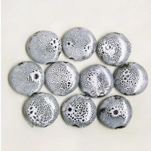 Bead, fancy glaze porcelain, grey and white, 20mm flat round. Sold per pkg of 30 beads 