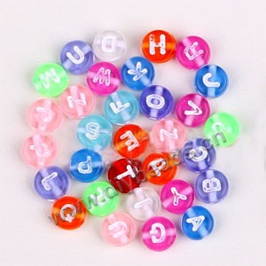 Bead, acrylic,multicolored with white alphabet, 7x3mm double-sided flat round with 1mm drill hole. Sold per pkg of 400