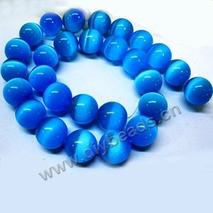 Bead, cat's eye glass,blue, 14mm round, quality grade. Sold per 14.5-inch strand,approximately 28 beads
