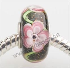 Bead, big-hole beads,Lampworked glass and silver-plated brass grommet, black with flower, 14x7mm rondelle with 4.5 mm hole,sold per pkg of 50ps