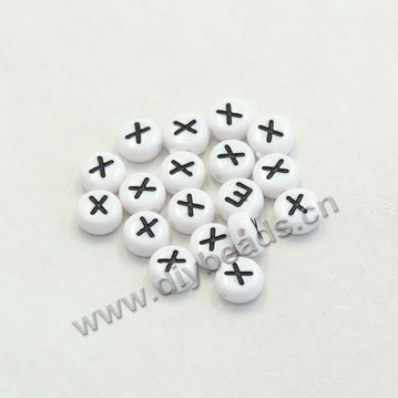 Bead mix, acrylic, white with black alphabet X, 7x4mm double-sided flat round with 1.2mm drill hole. Sold per pkg of 100ps