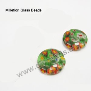 bead,millefiori glass,green/orange ,14x14x3mm flat round,approximately 26ps/strand 