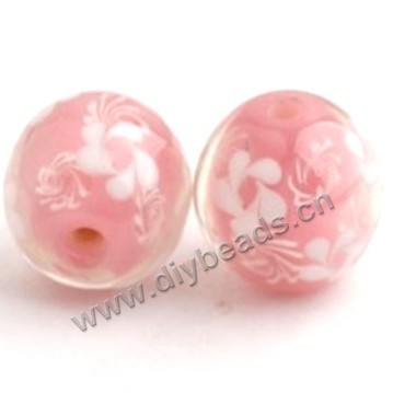 Bead, lampworked glass,pink with flower, 16x16mm round.mini order 50pc 