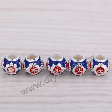 Enamel Bead, 925 Thai silver, round, 10mm, 4mm hole, multicolored, Sold per pkg of 1 bag-(3 pieces).
