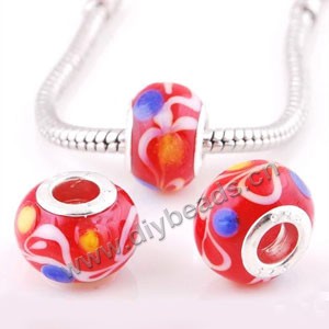 Bead,big-hole beads ,lampworked glass with silver-finished brass ,red/white/blue,10x14mm rondelle with swirls,4.5mm hole,sold per pkg of 10ps