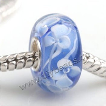 Bead, big-hole beads,Lampworked glass and silver-plated brass grommet,blue with flower,14x7mm rondelle with 4.5 mm hole,sold per pkg of 50ps