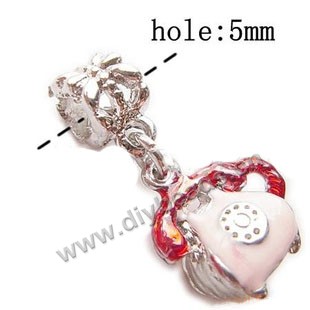 Charm, big-hole beads, silver-plated pewter  and enamel, pink/red, 15x28mm telephone with 5mm hole. Sold per pkg of 10ps