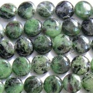 Bead, ruby in zoisite (natural), 16mm flat round. Sold per 15-inch strand.