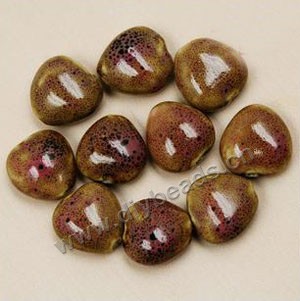 Bead, fancy glaze porcelain, brown and pink, 15x15mm heart. Sold per pkg of 30 beads 
