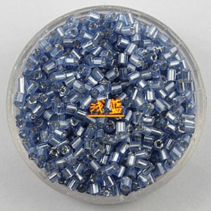 Bugle bead, glass,silver-lined,medium blue ,#1(2x2mm) beads. Sold per pkg of 80 grams,approximately 4,500ps.