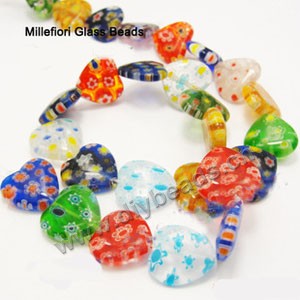 bead,millefiori glass,multicolored ,14x14x4mm flat heart,approximately 26ps/strand 