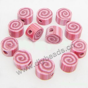 Bead, polymer clay, pink/white, 6x4mm double-sided flat round with swirls. Sold per pkg of 24.