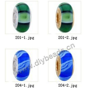 Bead,big-hole beads ,lampworked glass with silver-finished brass grommets,mixed colors and designs,6x12mm-8x14mm rondelle ,4mm spiral hole,sold per pkg of 4ps