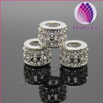 Bead,big-hole beads,silver plated copper,12x8mm rondelle with cz stone,Sold per pkg of 5ps