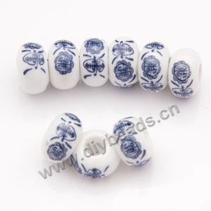 Bead, decal porcelain, white and blue, 9x15mm rondelle with Chinese symbols,5mm hole. Sold per pkg of 10.