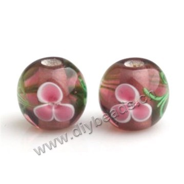 Bead,Japan lampworked glass,red with flower, 10x10mm round.mini order 100pc 