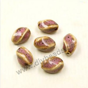 Bead, fancy glaze porcelain, pink, 16x10mm twisted oval. Sold per pkg of 20 beads 