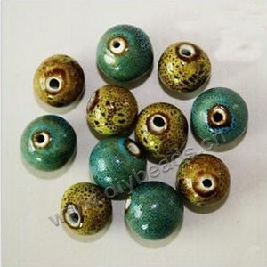 Bead , fancy glaze porcelain,yellow/green/blue, 14mm round. Sold per pkg of 30 beads. 