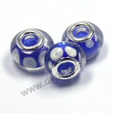 Bead,big-hole beads ,lampworked glass with silver-finished brass,14x9m rondelle ,Blue, mini order 200pcs