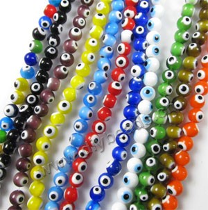 Bead mix, lampworked glass, opaque multicolored, 10mm double-sided round with wards off the evil eye design. Sold per pkg of (8) 15-inch strand.
