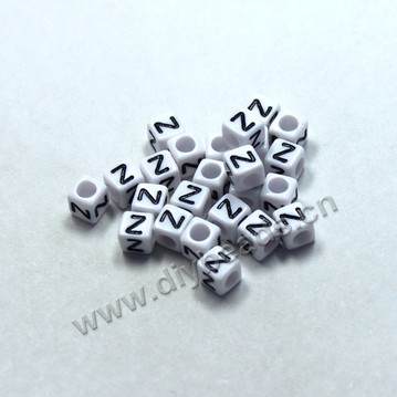 Bead, acrylic,White,alphabet is N, 6x6mm cube with 3.5mm drill hole. Sold per pkg of 100ps