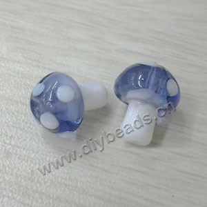 Bead, lampworked glass, medium blue and white, 10x12mm mushroom with spots. Sold per pkg of 20 beads.