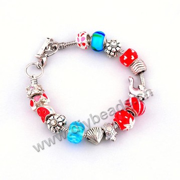 Bracelet,alloy and glass,red ,large hole beads,Sold per package of 1 piece
