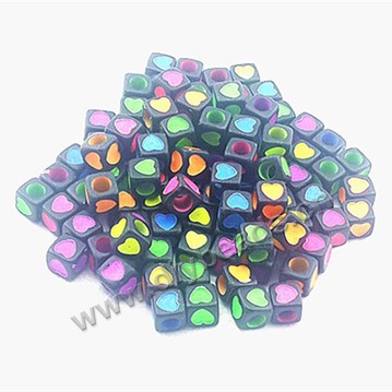 Bead ,acrylic,black with colorful heart,7x7mm,cube, Sold per pkg of 1000ps