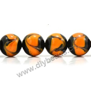  Bead, lampworked glass, orange/black with copper-glitter swirls, 14mm round. Sold per pkg of 10.