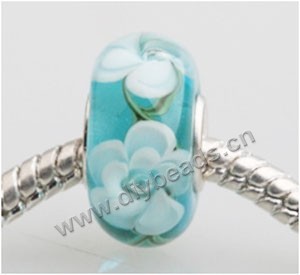 Bead, big-hole beads,	Lampworked glass and silver-plated brass grommet,green with flower, 14x7mm rondelle with 4.5 mm hole,sold per pkg of 50ps