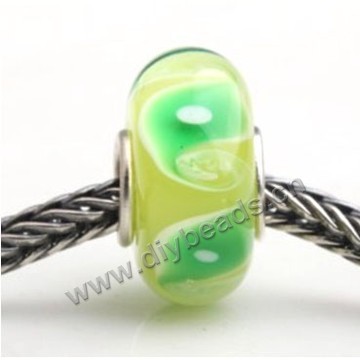 Bead, big-hole beads,Lampworked glass and 925 sterling silver grommet,green with flower,14x7mm rondelle with 4.5 mm hole,sold per pkg of 50ps