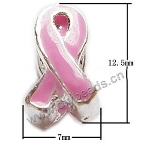Bead, big-hole beads ,silver-plated pewter and enameled , pink, 12x7mm,double-sided awareness ribbon, 4mm hole. Sold per pkg of 20ps
