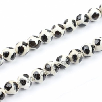 Bead, agate, 10mm faceted round, black with white, football shape. Sold per 15-inch strand.