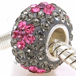 Bead, big-hole beads,rhinestone and 925 silver grommet, grey and pink, 8x14mm rondelle with 5 mm hole,sold per pkg of 10ps