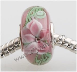 Bead, big-hole beads,Lampworked glass and 925 sterling silver grommet,pink with flower, 14x7mm rondelle with 4.5 mm hole,sold per pkg of 50ps