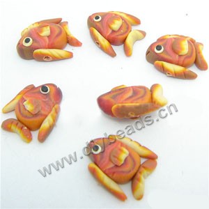 Bead, polymer clay,red/yellow, 12x14x5mm fish. Sold per pkg of 12.