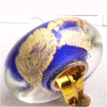 Bead, big-hole beads,Lampworked glass and 925 sterling silver grommet,transparent with bule and gold, 14x7mm rondelle with 4.5 mm hole,sold per pkg of 50ps