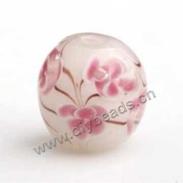 Bead,Japan lampworked glass,white with flower, 16x16mm round.mini order 100pc 