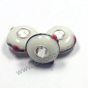 Bead,big-hole beads ,white with red flower,lampworked glass with silver-finished brass,14x8m rondelle ,mini order 100pcs