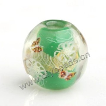 Bead,Japan lampworked glass,green with snow flower,20x20mm round.mini order 100pc 