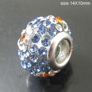 Bead, big-hole beads,pewter ,light blue, 14x10mm rondelle with rhinestone, 5mm hole. Sold per pkg of 10ps