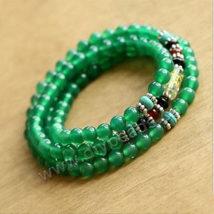Bracelet,Green chalcedony with red agate beads, 6mm round, buddhist prayer beads.