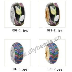 Bead,big-hole beads ,lampworked glass with silver-finished brass grommets,mixed colors and designs,6x12mm-8x14mm rondelle ,4mm spiral hole,sold per pkg of 10ps
