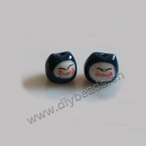 Bead, porcelain, dark green,white, 12x12mm hand-painted lucky cat . Sold per pkg of 6.